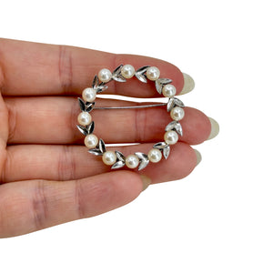 Leafy Wreath Vintage Japanese Saltwater Akoya Cultured Pearl Brooch Large Pin- Sterling Silver