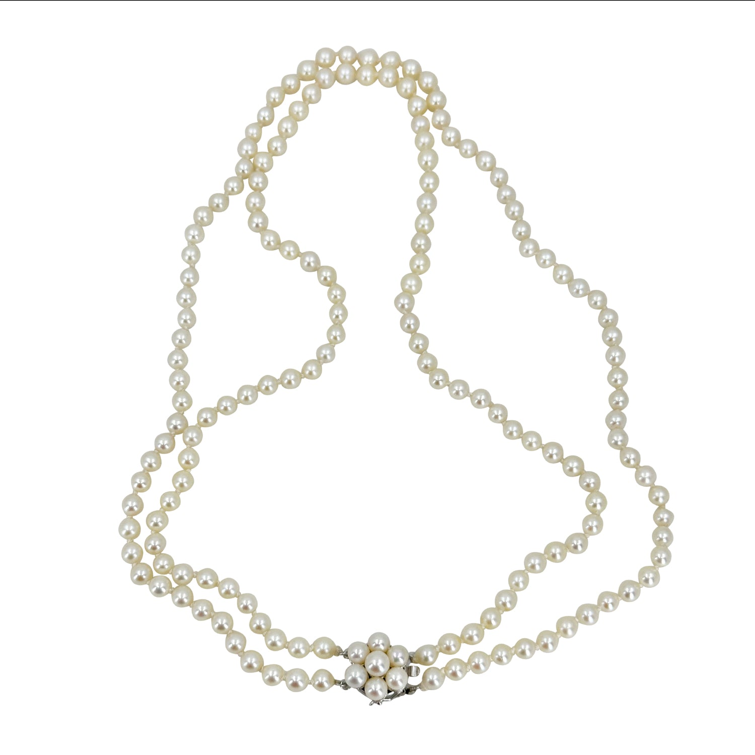 Cultured Pearl Double Strand Graduated 14K WG Diamond Front Clasp Necklace