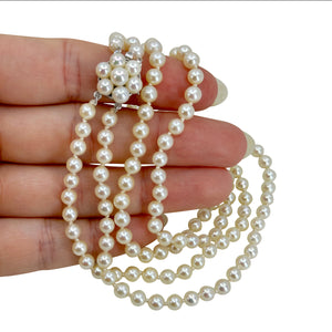 Petite Double Strand Japanese Saltwater Akoya Cultured Pearl Vintage Necklace - 14K White Gold 16.50 & 17 Inc