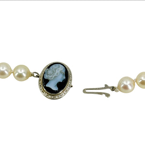 Agate Cameo Vintage Japanese Saltwater Akoya Cultured Pearl Opera Necklace - 14K White Gold 27 Inch