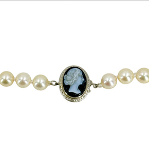 Agate Cameo Vintage Japanese Saltwater Akoya Cultured Pearl Opera Necklace - 14K White Gold 27 Inch