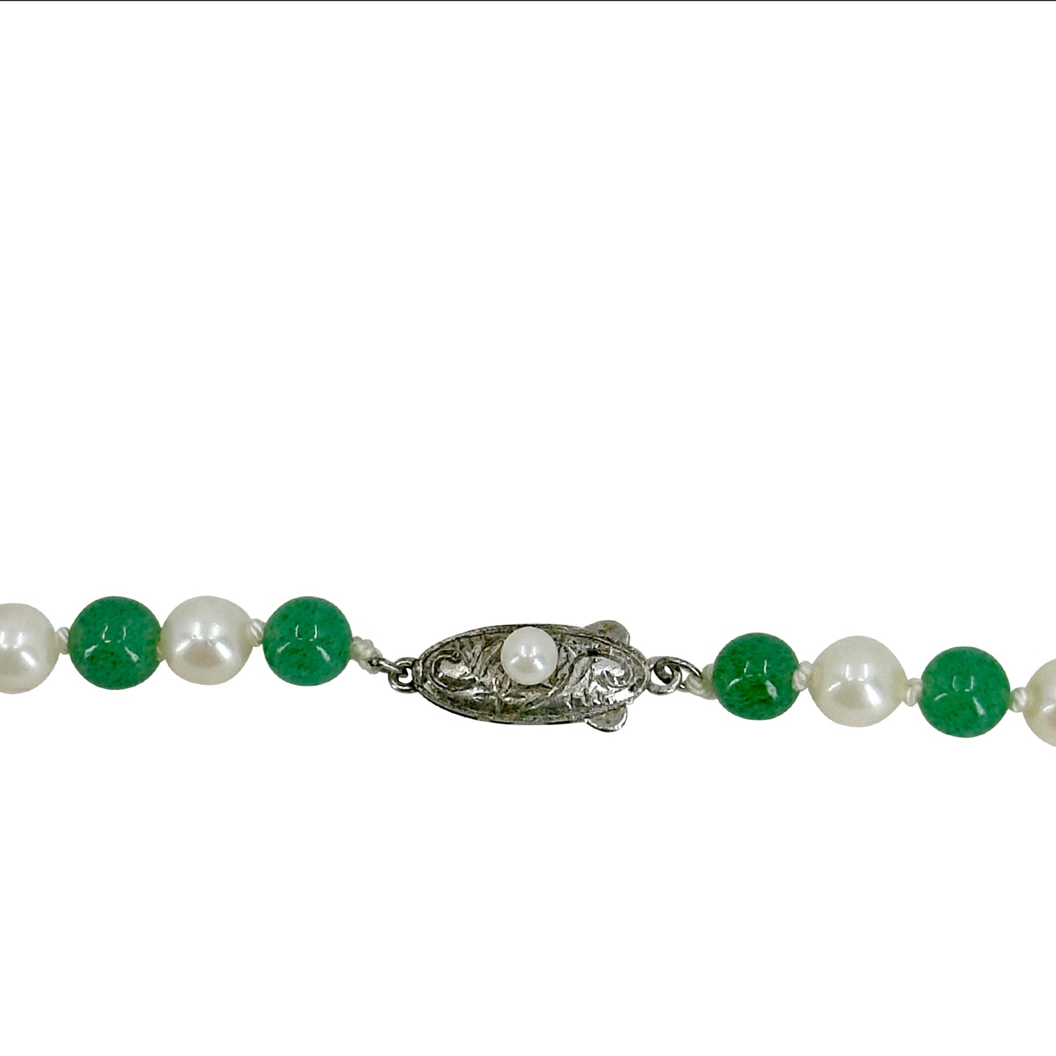 Vintage Green Aventurine Japanese Saltwater Akoya Cultured Pearl Opera Necklace- Sterling Silver 32 Inch