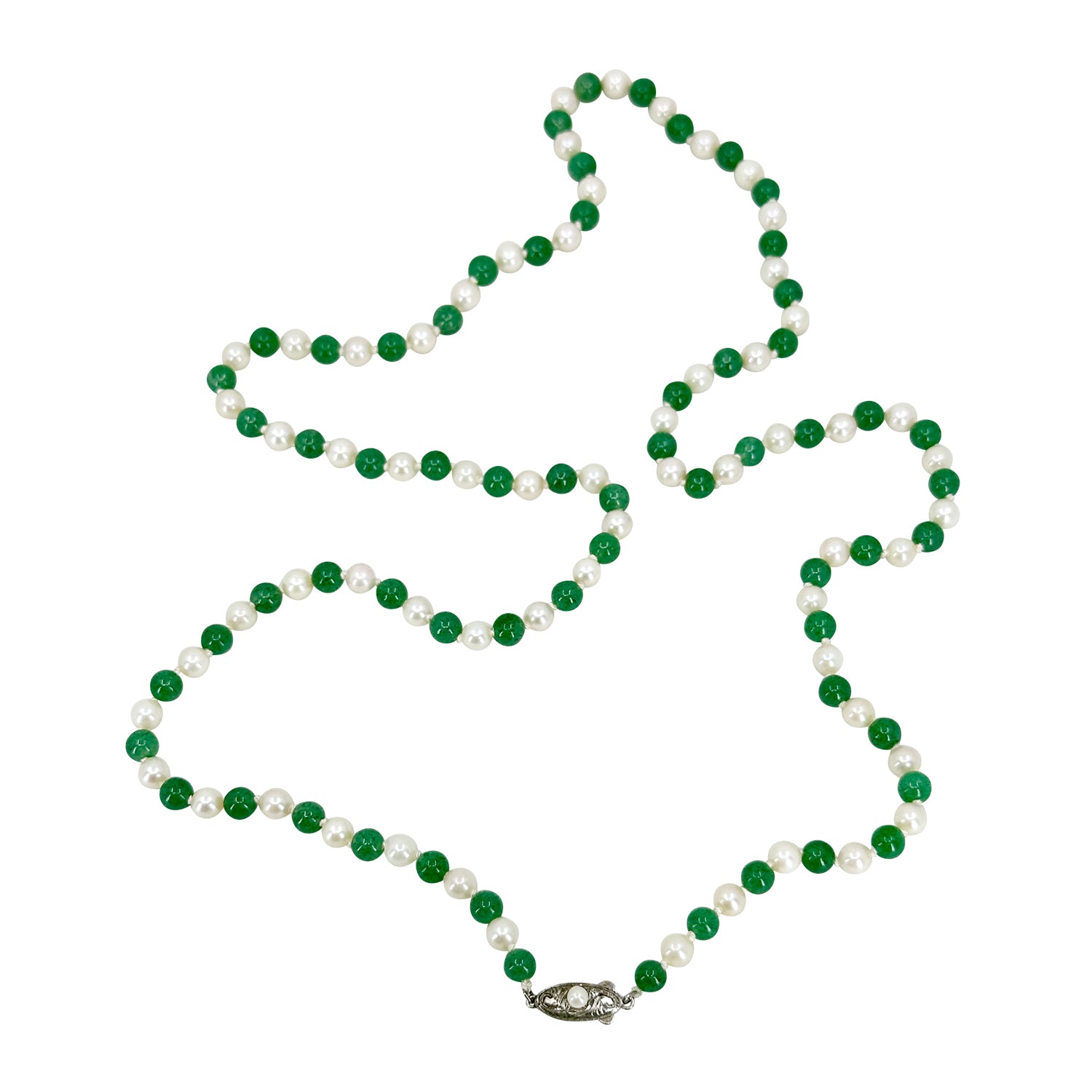 Vintage Green Aventurine Japanese Saltwater Akoya Cultured Pearl Opera Necklace- Sterling Silver 32 Inch