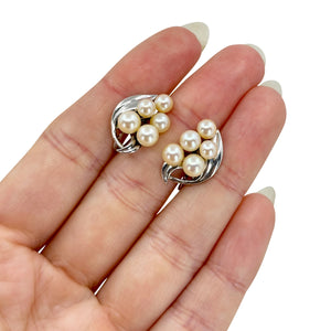 Leafy Cluster Mid Century Akoya Saltwater Cultured Pearl Screwback Earrings- Sterling Silver