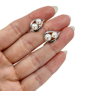 Double Pearl Mid Century Akoya Saltwater Cultured Pearl Screwback Earrings- Sterling Silver