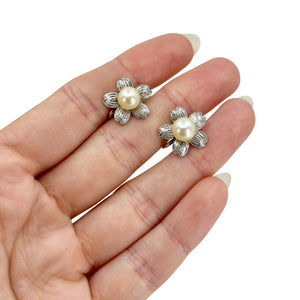 Engraved Sakura Cherry Blossom Japanese Akoya Saltwater Cultured Pearl Screwback Earrings- Sterling Silver
