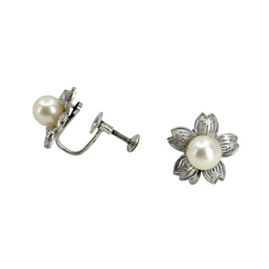Engraved Sakura Cherry Blossom Japanese Akoya Saltwater Cultured Pearl Screwback Earrings- Sterling Silver