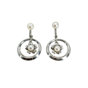 Hoop Cherry Blossom Japanese Sakura Akoya Saltwater Cultured Pearl Screwback Earrings- Sterling Silver