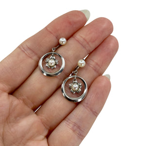 Hoop Cherry Blossom Japanese Sakura Akoya Saltwater Cultured Pearl Screwback Earrings- Sterling Silver