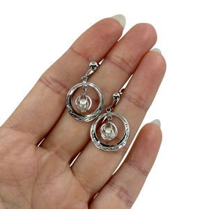 Engraved Hoop Japanese Sakura Akoya Saltwater Cultured Pearl Screwback Earrings- Sterling Silver