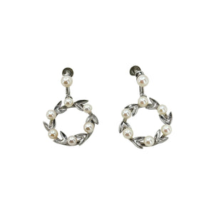 Leafy Engraved Hoop Japanese Akoya Saltwater Cultured Pearl Screwback Earrings- Sterling Silver