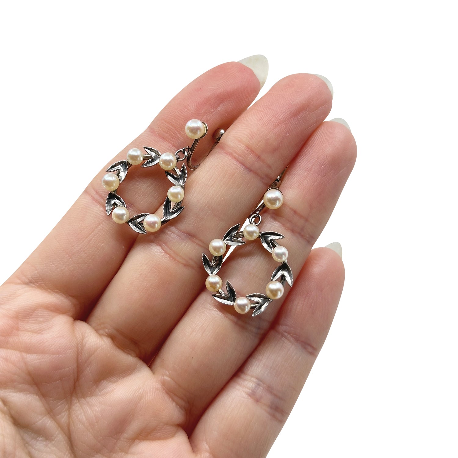 Leafy Engraved Hoop Japanese Akoya Saltwater Cultured Pearl Screwback Earrings- Sterling Silver