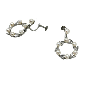 Leafy Engraved Hoop Japanese Akoya Saltwater Cultured Pearl Screwback Earrings- Sterling Silver