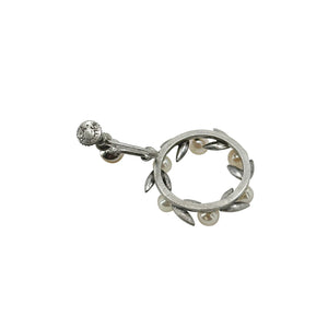Leafy Engraved Hoop Japanese Akoya Saltwater Cultured Pearl Screwback Earrings- Sterling Silver