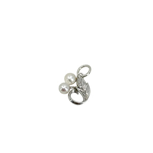 Petite Engraved Mikimoto Vintage Leaf Saltwater Akoya Cultured Pearl Conversion Pendant Charm- Sterling Silver