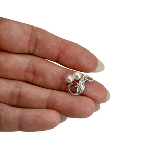 Petite Engraved Mikimoto Vintage Leaf Saltwater Akoya Cultured Pearl Conversion Pendant Charm- Sterling Silver