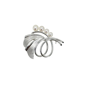 Vintage Mikimoto Ginko Leaf Japanese Saltwater Akoya Cultured Pearl Designer Brooch- Sterling Silver