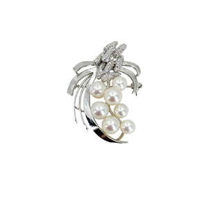 Textured Ribbon Mid Century Japanese Saltwater Akoya Cultured Pearl Vintage Brooch- Sterling Silver