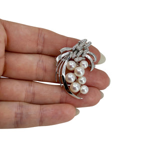 Textured Ribbon Mid Century Japanese Saltwater Akoya Cultured Pearl Vintage Brooch- Sterling Silver