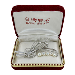 Original Box Lily of the Valley Vintage Japanese Saltwater Akoya Cultured Pearl Mid-Century Brooch Taiwan - Sterling Silver