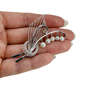 Original Box Lily of the Valley Vintage Japanese Saltwater Akoya Cultured Pearl Mid-Century Brooch Taiwan - Sterling Silver