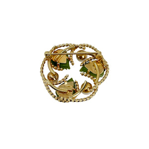 Carved Nephrite Green Jade Wreath Vintage Japanese Cultured Saltwater Akoya Pearl Brooch- Gold Filled