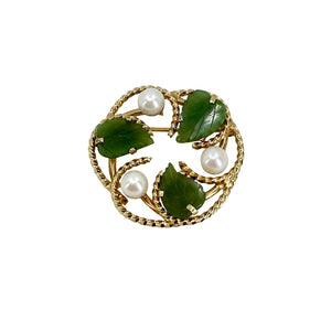 Carved Nephrite Green Jade Wreath Vintage Japanese Cultured Saltwater Akoya Pearl Brooch- Gold Filled