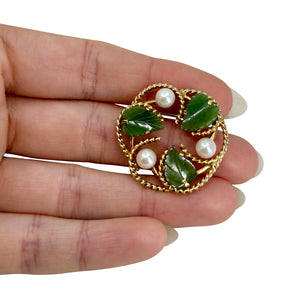 Carved Nephrite Green Jade Wreath Vintage Japanese Cultured Saltwater Akoya Pearl Brooch- Gold Filled