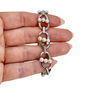 Modernist Bubble Circle Japanese Saltwater Akoya Cultured Pearl Link Bracelet- Sterling Silver