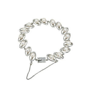 Modernist Oval Japanese Saltwater Akoya Cultured Pearl Link Bracelet- Sterling Silver