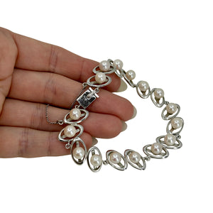 Modernist Oval Japanese Saltwater Akoya Cultured Pearl Link Bracelet- Sterling Silver