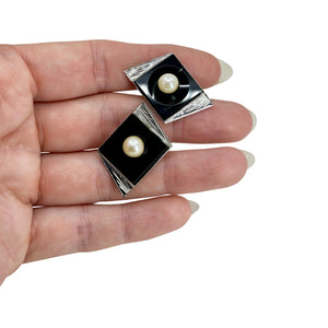 Engraved Black Onyx Modernist Japanese Saltwater Akoya Cultured Pearl Mens Cufflinks- Sterling Silver