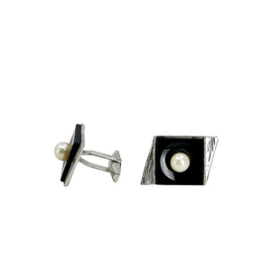 Engraved Black Onyx Modernist Japanese Saltwater Akoya Cultured Pearl Mens Cufflinks- Sterling Silver