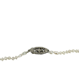 Antique Keshi Seed Pearl Petite Diamond Filigree Deco Necklace- 14K White Gold 17 Inch