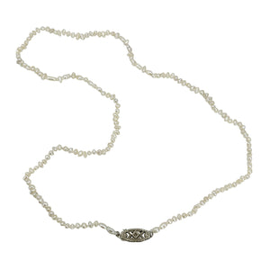 Antique Keshi Seed Pearl Petite Diamond Filigree Deco Necklace- 14K White Gold 17 Inch