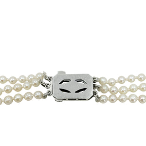 Art Deco Engraved Triple Strand Graduated Japanese Saltwater Akoya Cultured Pearl Necklace -Sterling Silver 16.50, 17.50 & 18 Inch