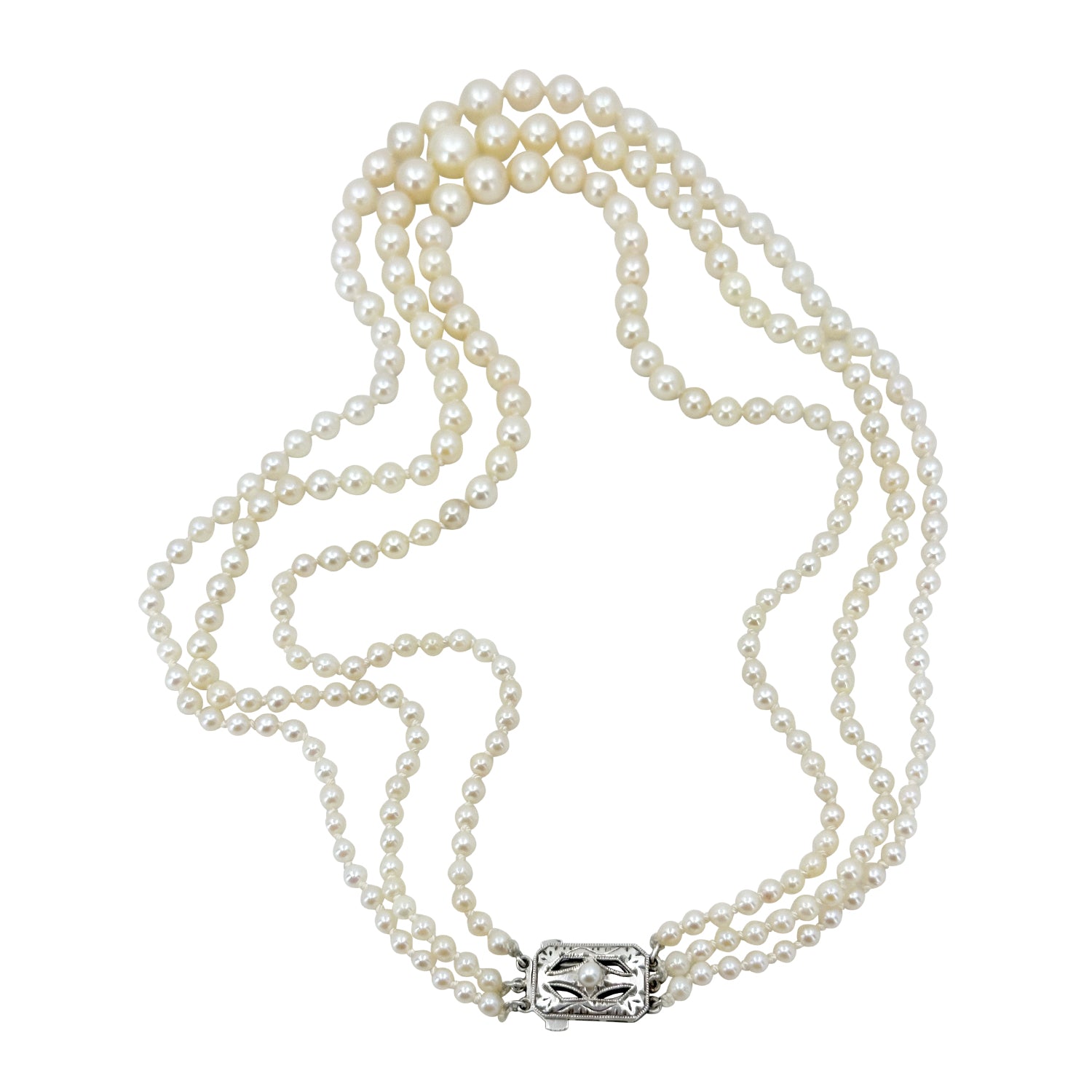 Art Deco Engraved Triple Strand Graduated Japanese Saltwater Akoya Cultured Pearl Necklace -Sterling Silver 16.50, 17.50 & 18 Inch