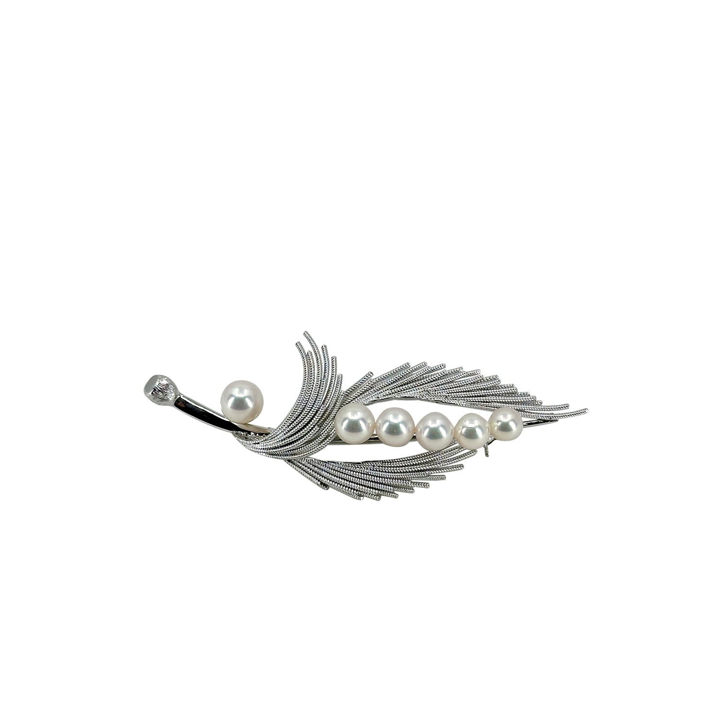 Feather Modernist Japanese Saltwater Akoya Cultured Pearl Vintage Brooch- Sterling Silver