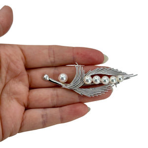 Feather Modernist Japanese Saltwater Akoya Cultured Pearl Vintage Brooch- Sterling Silver