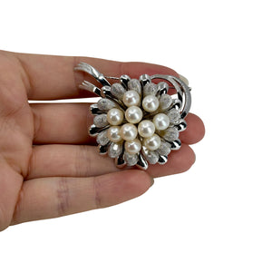 Large Retro Leaf Japanese Saltwater Akoya Cultured Pearl Vintage Brooch Obidome- Sterling Silver