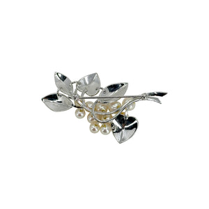 Brushed Leaf Retro Japanese Saltwater Akoya Cultured Pearl Vintage Brooch- Sterling Silver