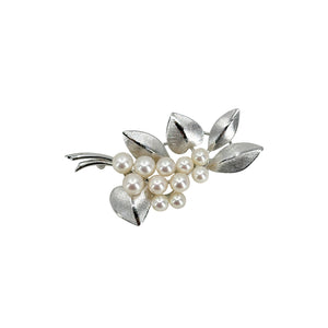 Brushed Leaf Retro Japanese Saltwater Akoya Cultured Pearl Vintage Brooch- Sterling Silver