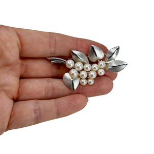 Brushed Leaf Retro Japanese Saltwater Akoya Cultured Pearl Vintage Brooch- Sterling Silver