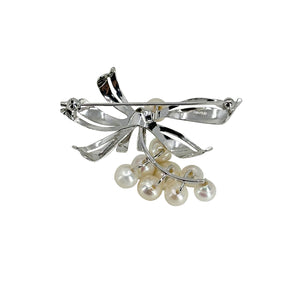 Engraved Ribbon Japanese Saltwater Akoya Cultured Pearl Vintage Brooch- Sterling Silver