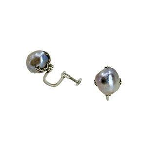 Tokyo Blue Solitaire Japanese Akoya Saltwater Cultured Pearl Vintage Screwback Claw Earrings- Sterling Silver