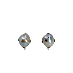 Tokyo Blue Solitaire Japanese Akoya Saltwater Cultured Pearl Vintage Screwback Claw Earrings- Sterling Silver