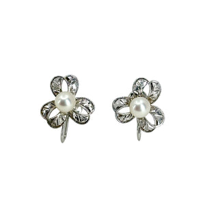 Clover Fuji Pearl Designer Akoya Saltwater Cultured Pearl Screwback Earrings- Sterling Silver