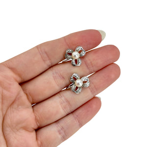 Clover Fuji Pearl Designer Akoya Saltwater Cultured Pearl Screwback Earrings- Sterling Silver