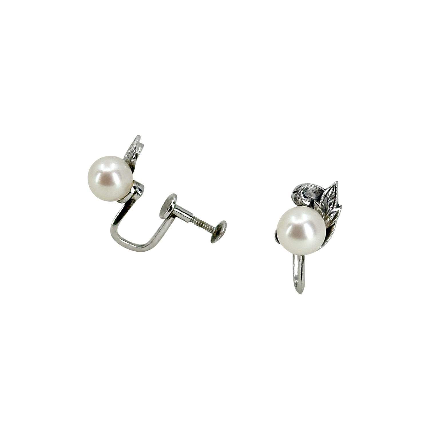 Solitaire Mikimoto Mid Century Leaf Akoya Saltwater Cultured Pearl Vintage Screwback Earrings- Sterling Silver