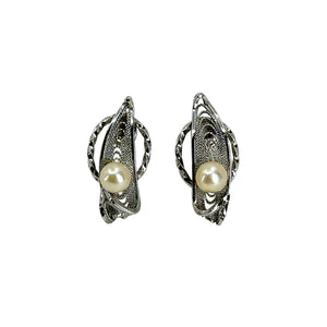 Vintage De Curtis Filigree Akoya Saltwater Cultured Pearl Screwback Earrings- Sterling Silver